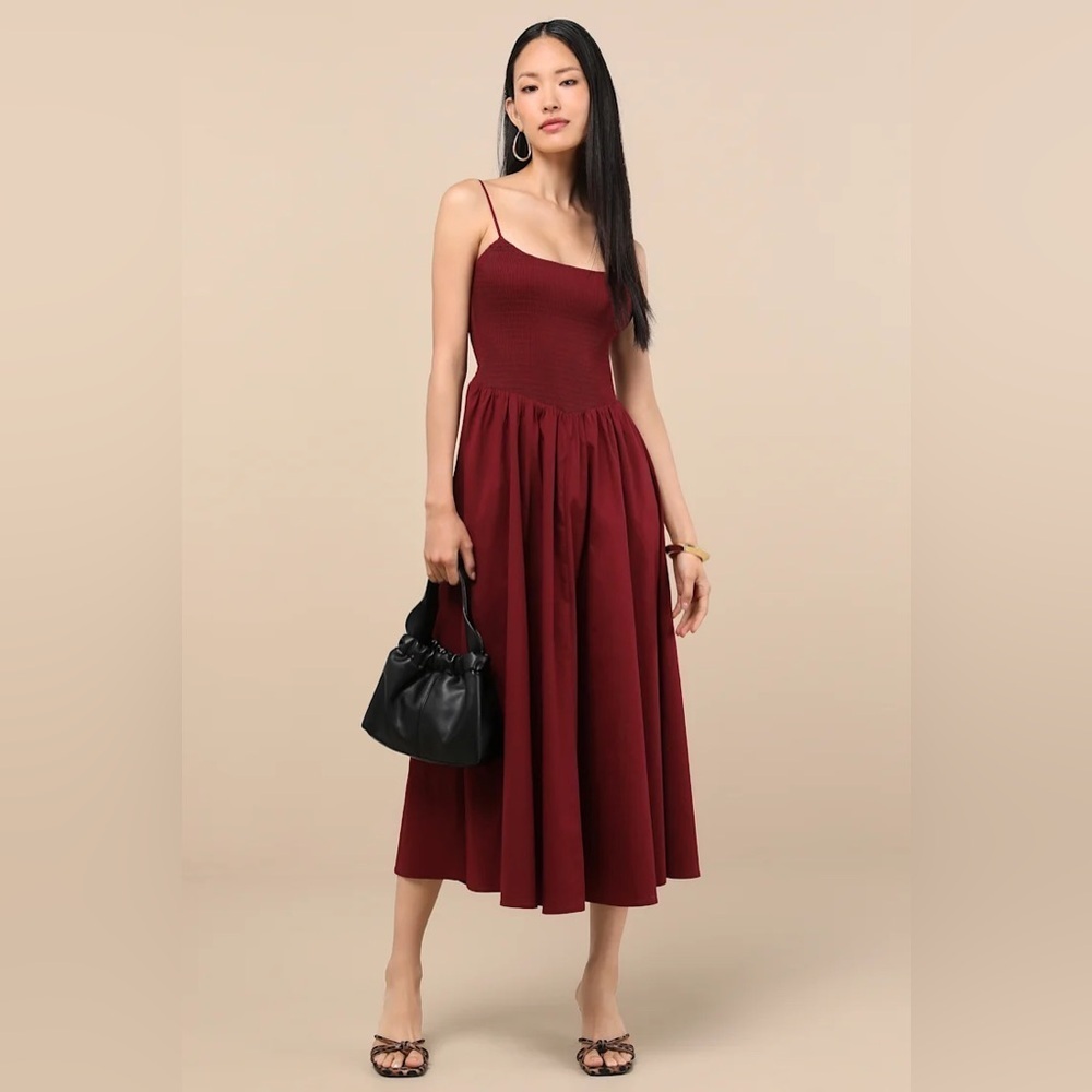 Lulus Tandria Burgundy Smocked Sleeveless Midi Dress